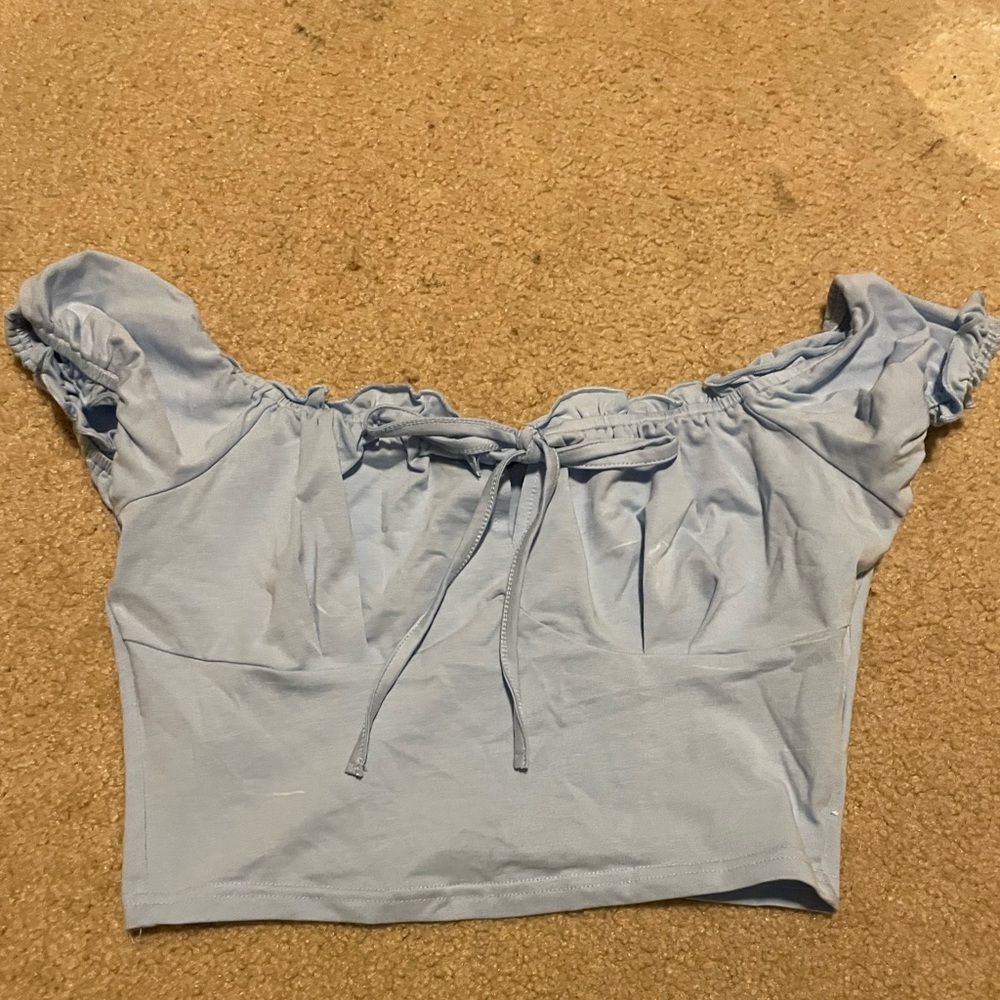 blue off the shoulder/ short sleeve top